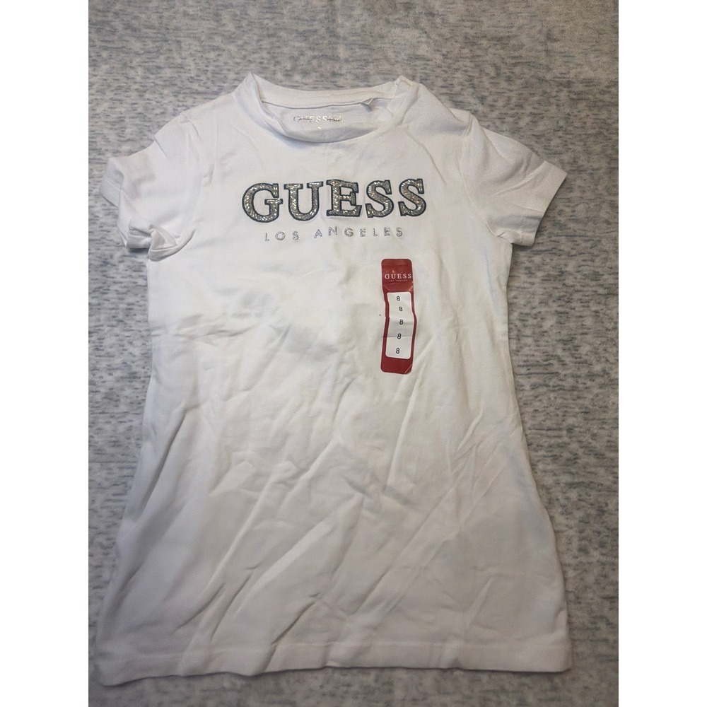 Guess Kids White Short Sleeve T Shirt Rhinestone Logo Size 8 NWOT‎